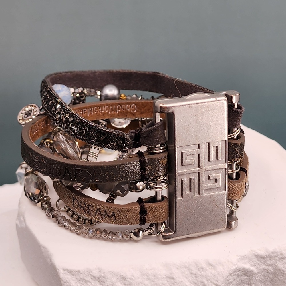 Good Works Make a Difference Leather Crystal Pearl Multi Strand Charm Bracelet